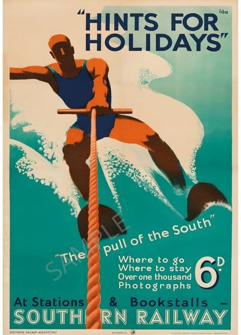 The Pull of the South Water Skier Hints for the Holidays Book Poster Devon, Cornwall