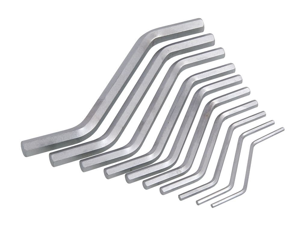 10Pc Metric Hex Allen Key Set - Sizes 2mm Up To 8mm - Angled At 45 Degrees
