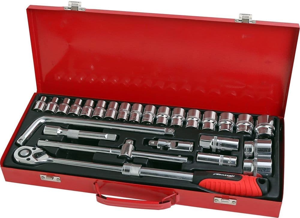 26Pc 1/2 Inch Drive Socket Set In Metal Case Extendable Ratchet