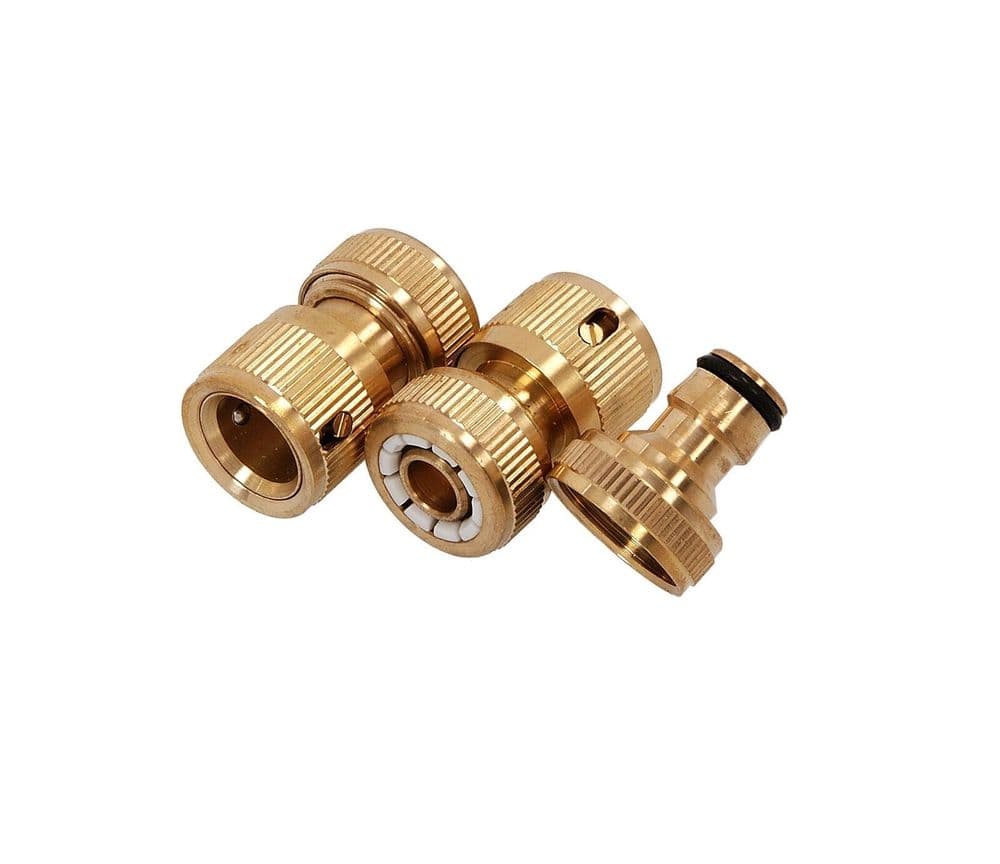3Pc Brass Connector Tap Set Garden Kit Water Hose Lock Quick Connect