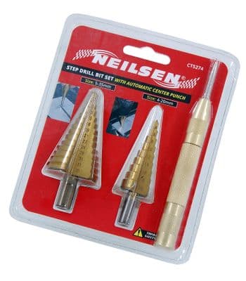 3Pc Step Drill Set With Automatic Center Punch - Size 4-20mm & 5-35mm