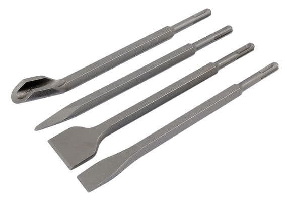 4 Piece Sds Chisel Set For Hammer Drill Flat Pointed Groove Gouge 250mm Masonry