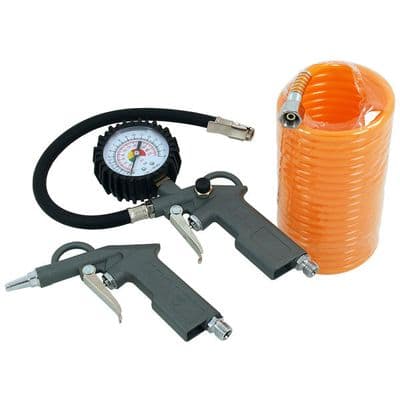 Air Tool Kit 3pc Tyre Inflator Air Duster 4.5m Coiled Hose