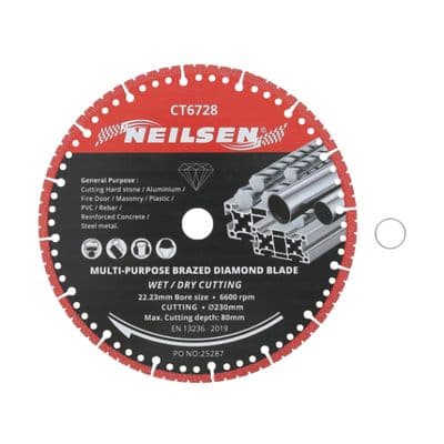 Diamond Blade 230mm Brazed Multi Material Wet & Dry 22.23mm Bore