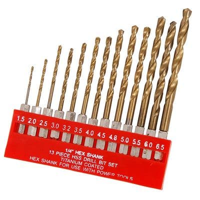 Drill Bit Set 13pc HSS Titanium Coated Bits 1/4in Hex Shank
