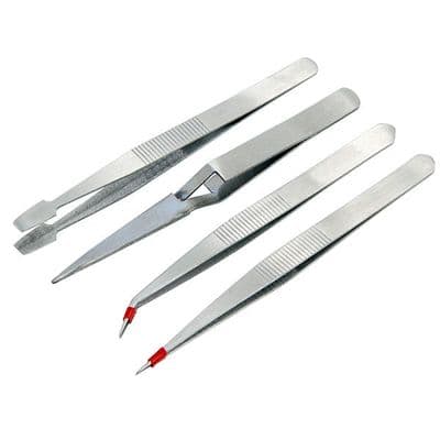 Tweezers Set 4pc Stainless Steel Straight Bent Cross Action
