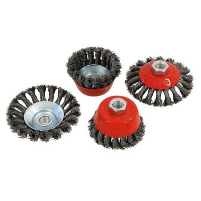 Wire Brush Set 75mm & 100mm 4pc Twist Knot Cup & Semi Flat