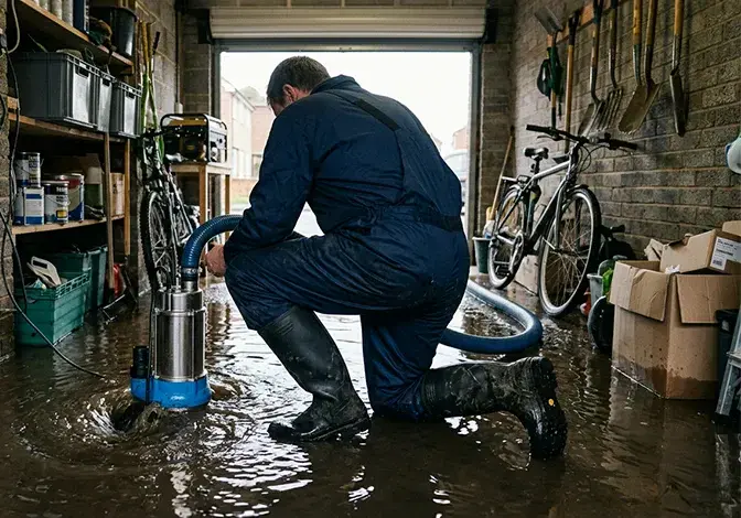 A pump extracting water in a water flooded garage
