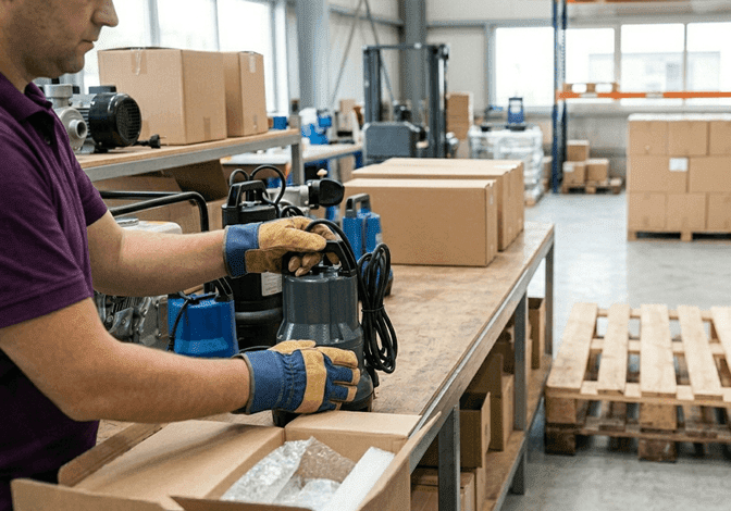 Worker in a warehouse pacing a pump into packaging