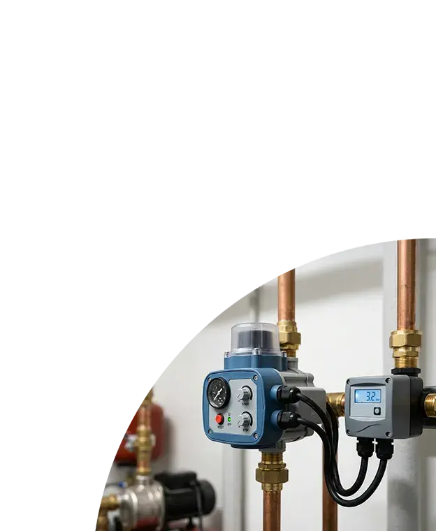 Professional water pump controller and digital pressure gauge mounted on copper piping in a utility setting.