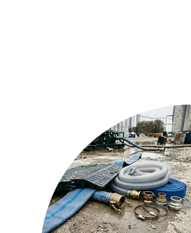 Industrial water transfer equipment including a blue layflat hose, a coiled white suction hose, and a heavy-duty black rubber hose ramp protector on a damp construction site.