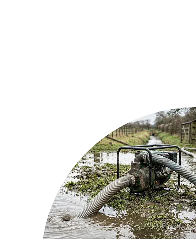 A portable water pump extracting standing water from a muddy agricultural field through corrugated hoses.