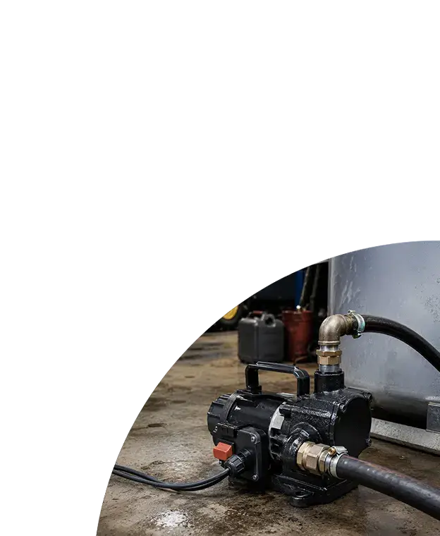 Compact industrial diesel and oil transfer pump with reinforced hoses and brass fittings in a workshop setting beside a fuel tank.