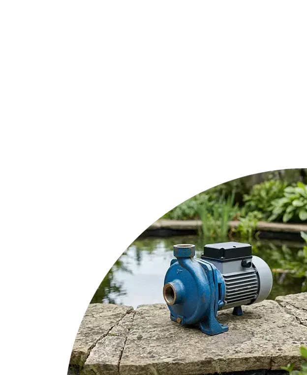 A compact, blue cast-iron garden pump sits on a stone ledge next to a pond.