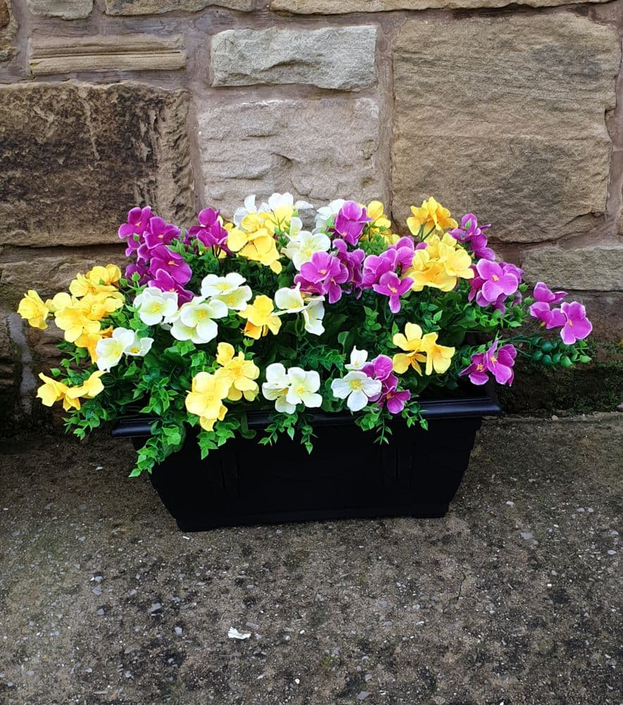 BUSY LIZZIE Outdoor Artificial Flower TROUGH PURPLE YELLOW & CREAM