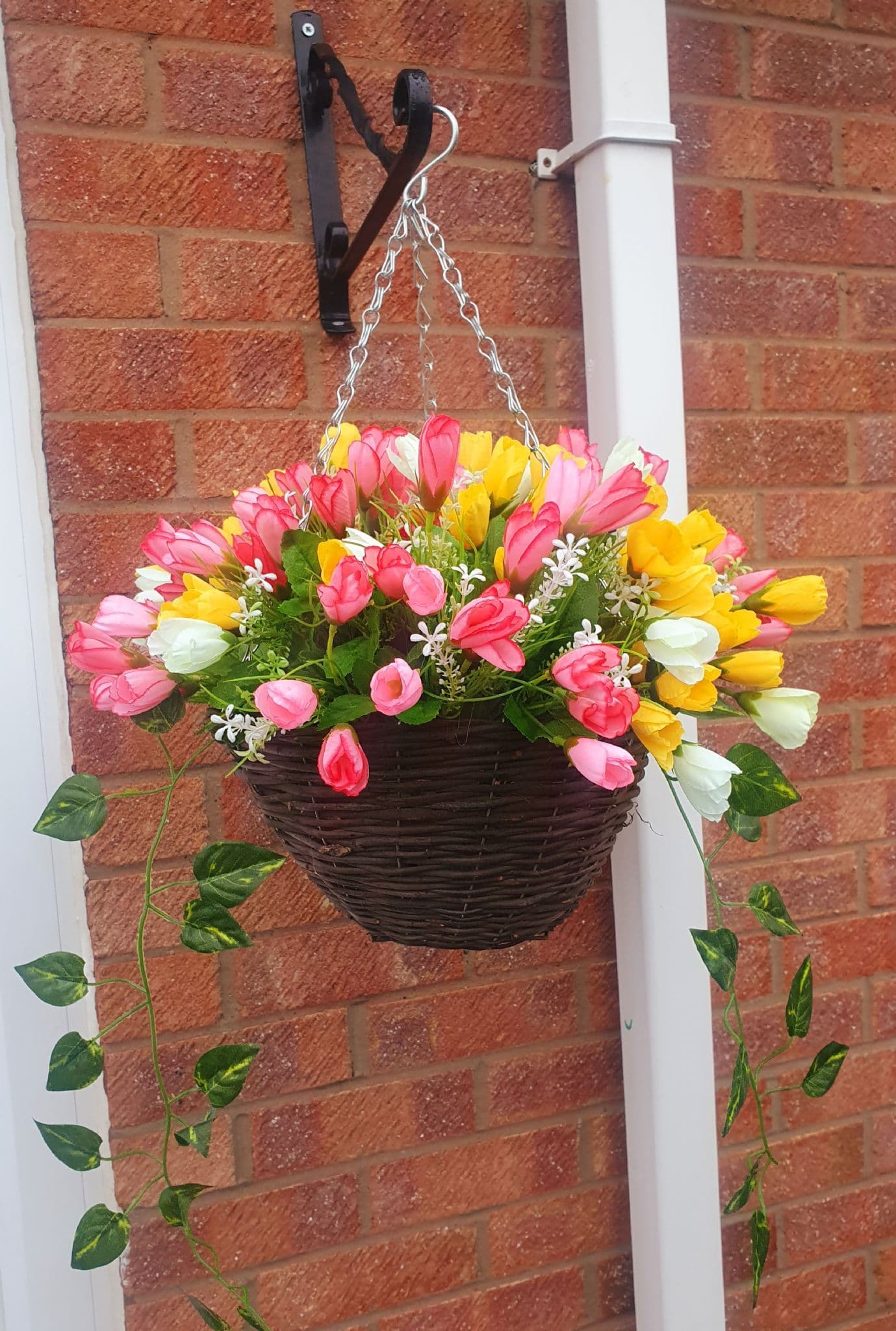 pink & yellow crocus Artificial Flowers 12" hanging basket with Ivy