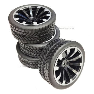 10 Spoke Wheel & Tyre Set 4P Black with Chrome faced Rims 1:10 scale