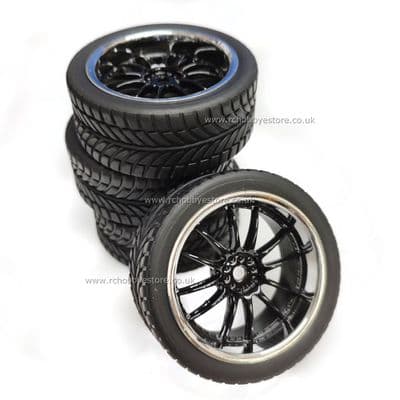 12 Spoke Wheel & Tyre Set 4P Black spokes with Chrome Rims 1:10 scale