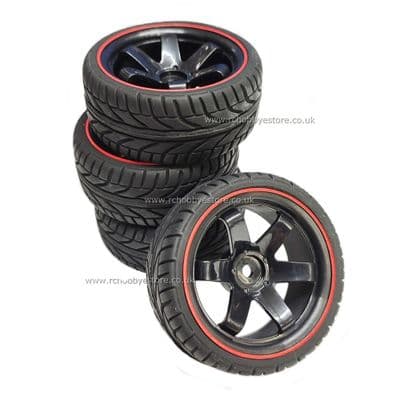 6 Spoke Wheel & Tyre Set 4P Black with Red Pin Stripe Rims 1:10 scale