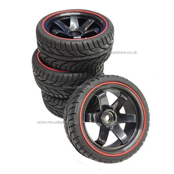 6 Spoke Wheel & Tyre Set 4P Black with Red Pin Stripe Rims 1:10 scale