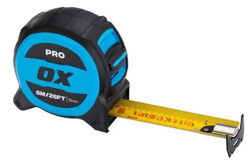OX Pro 8m/26ft Tuff Blade Tape Measure – Magnetic Dual Hook & 32mm Wide Blade