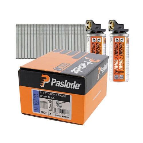 Paslode F16 Electro Galvanised Straight Brads (2000 Qty & 2 Fuel Cells)