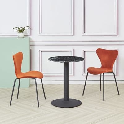 Bistro/ Coffee table set:  Marble Dining Table with  Set of 2 Orange Velvet Stackable Chairs