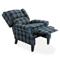 Blue Checked Fab Recliner Armchair, with wood feet