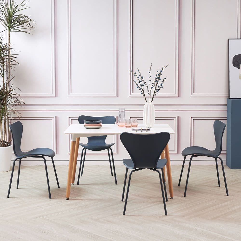 White Rectangular Dining Table with 4 pcs of Navy Stackable Plastic Chairs