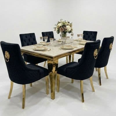 1.2 Sofia Cream Gold Marble Dining Table & 4 Black Velvet Chairs Set