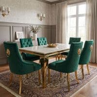 1.2 Sofia Cream Gold Marble Dining Table & 4 Green Velvet Lion Chairs