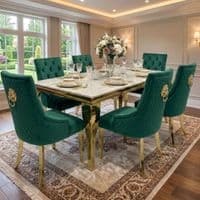 1.2 Sofia Cream Gold Marble Dining Table & 4 Green Velvet Lion Chairs