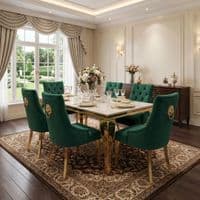 1.2 Sofia Cream Gold Marble Dining Table & 4 Green Velvet Lion Chairs