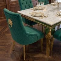 1.2 Sofia Cream Gold Marble Dining Table & 4 Green Velvet Lion Chairs