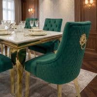 1.2 Sofia Cream Gold Marble Dining Table & 4 Green Velvet Lion Chairs