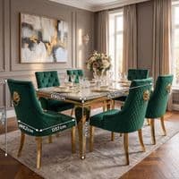 1.2 Sofia Cream Gold Marble Dining Table & 4 Green Velvet Lion Chairs