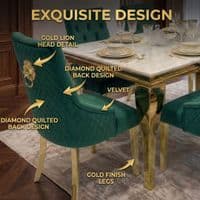 1.2 Sofia Cream Gold Marble Dining Table & 4 Green Velvet Lion Chairs