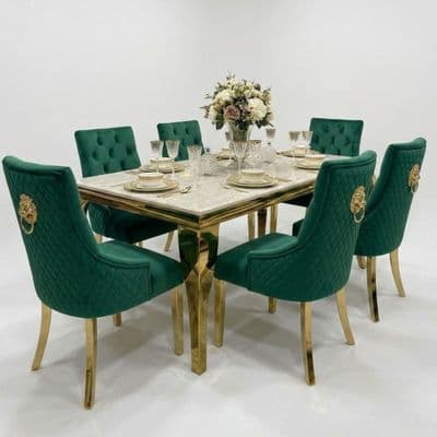 1.2 Sofia Cream Gold Marble Dining Table & 4 Green Velvet Lion Chairs
