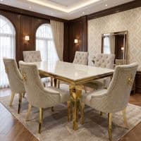 1.2m Sofia Cream Gold Marble Dining Table & 4 Beige Velvet Chairs Set