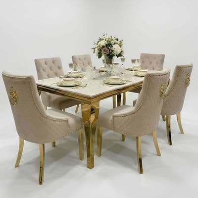 1.2m Sofia Cream Gold Marble Dining Table & 4 Beige Velvet Chairs Set