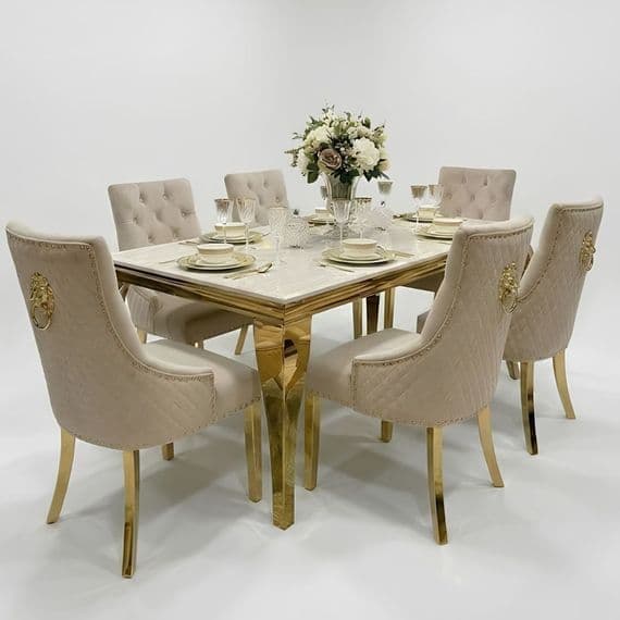 1.2m Sofia Cream Gold Marble Dining Table & 4 Beige Velvet Chairs Set