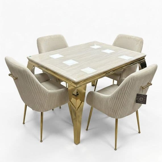 1.2m Sofia Cream Marble Dining Table & 4 Marco Cream Velvet Chairs