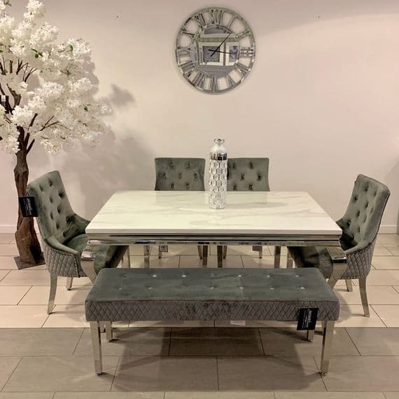 1.5m Marble White Dining Table  Minister Grey Chairs