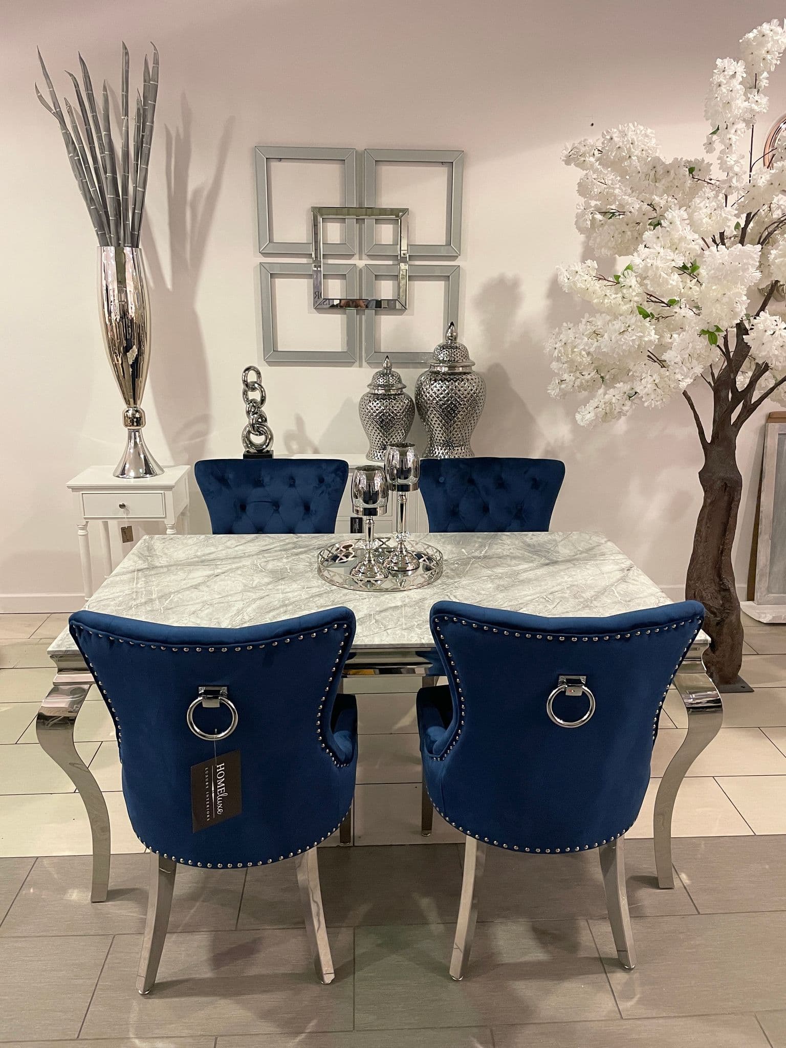 6m Marble Grey Dining Table Aydin Royal Blue Chairs