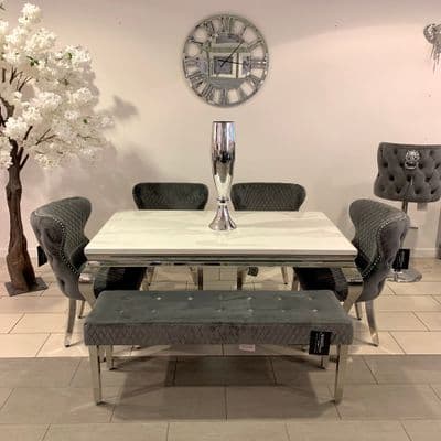 1.6m Marble White Dining Table Valencia Grey Chairs