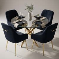 100cm Round Glass Gold Dining Table & 4 Marco Black Gold Chairs Set