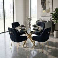 100cm Round Glass Gold Dining Table & 4 Marco Black Gold Chairs Set