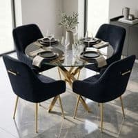100cm Round Glass Gold Dining Table & 4 Marco Black Gold Chairs Set