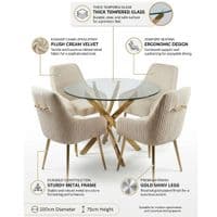 100cm Round Glass Gold Dining Table & 4 Marco Black Gold Chairs Set