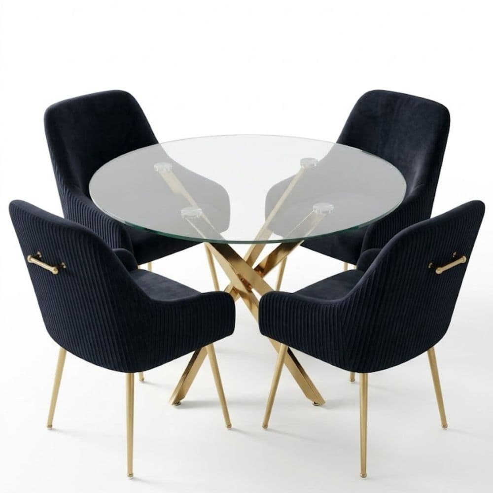 100cm Round Glass Gold Dining Table & 4 Marco Black Gold Chairs Set
